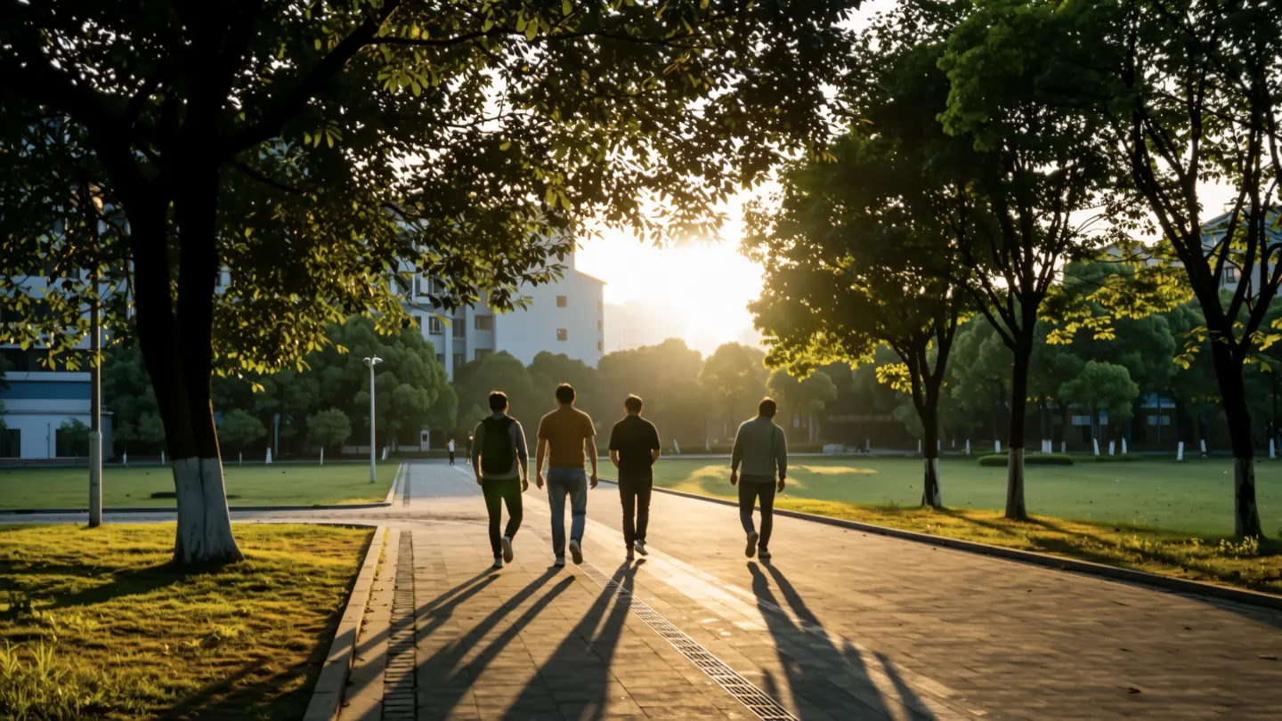 Students walking together along a tree-lined avenue on a Chinese university campus in the late afternoon